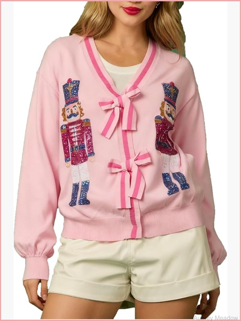 Sequin Nutcracker Bow Tie Cardigan Sweater Open Front Long Sleeve Knit Party Top
